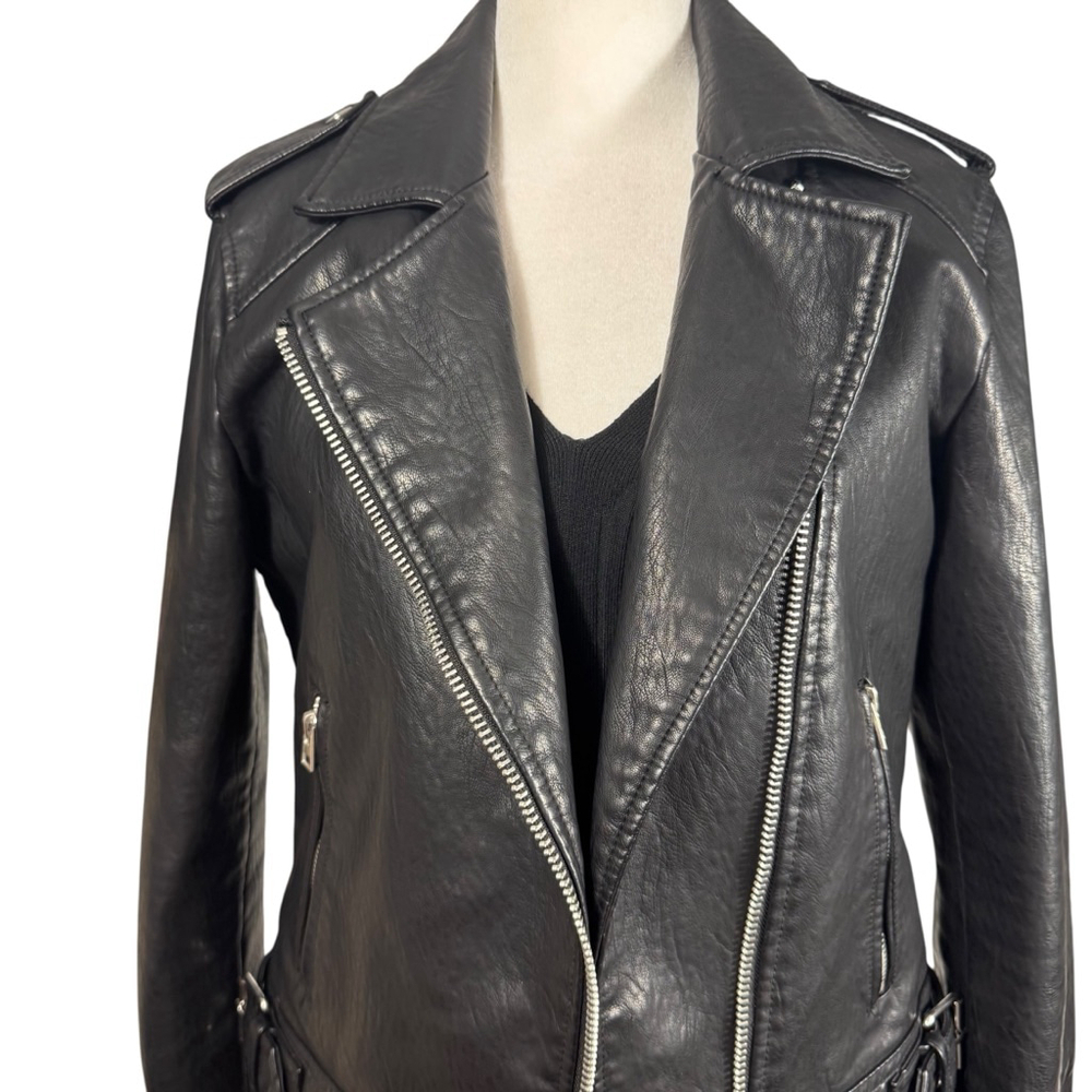 Size 6 Topshop Black Faux Leather classic Moto Jacket pockets Zippers Unisex - Picture 2 of 12